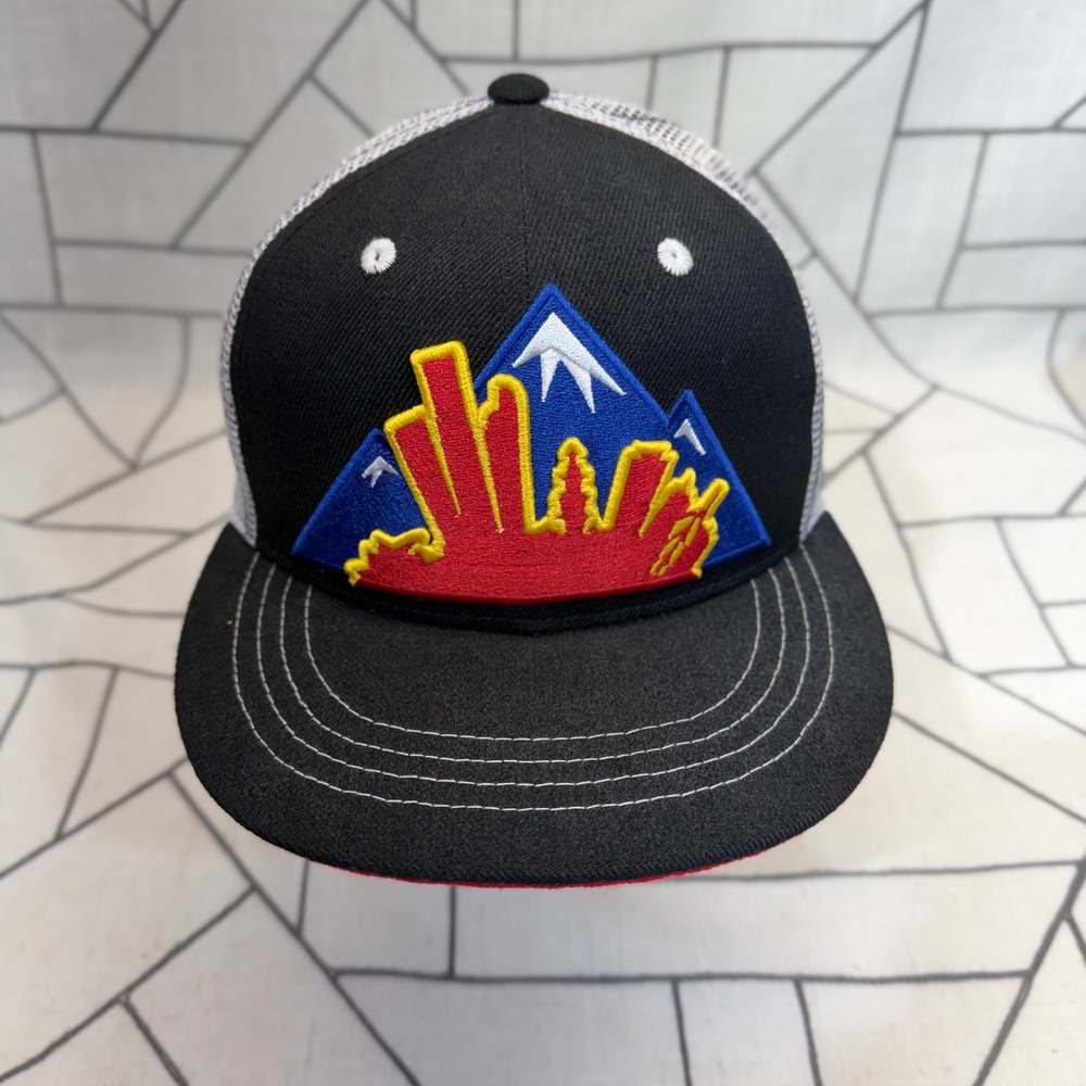 Aksels Trucker Hat OSFM Black Denver Colorado Skyline Mountain Mesh Snapback Cap